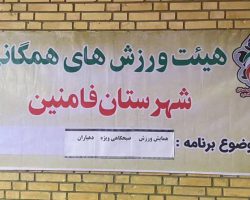 برگزاری همايش ورزش صبحگاهى به مناسبت گراميداشت هفته تربيت بدنى و ورزش ويژه دهياران بخش مركزى شهرستان فامنين به همت هيئت ورزش هاى همگانى شهرستان فامنين