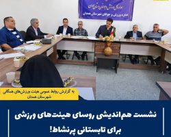 برگزاری نشست رؤسای هیئت‌های ورزشی شهرستان همدان، با محوریت ارائه برنامه‌های پیشنهادی برای اوقات فراغت تابستانه، به میزبانی اداره ورزش و جوانان شهرستان همدان